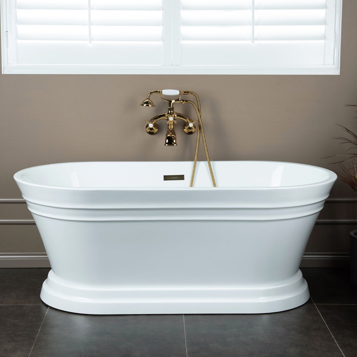 WOODBRIDGE F0030BN Wall Mount Adjustable Centers Bathtub Faucet with 3 Metal Cross Handles and Telephone Style Hand Shower and Porcelain Handle