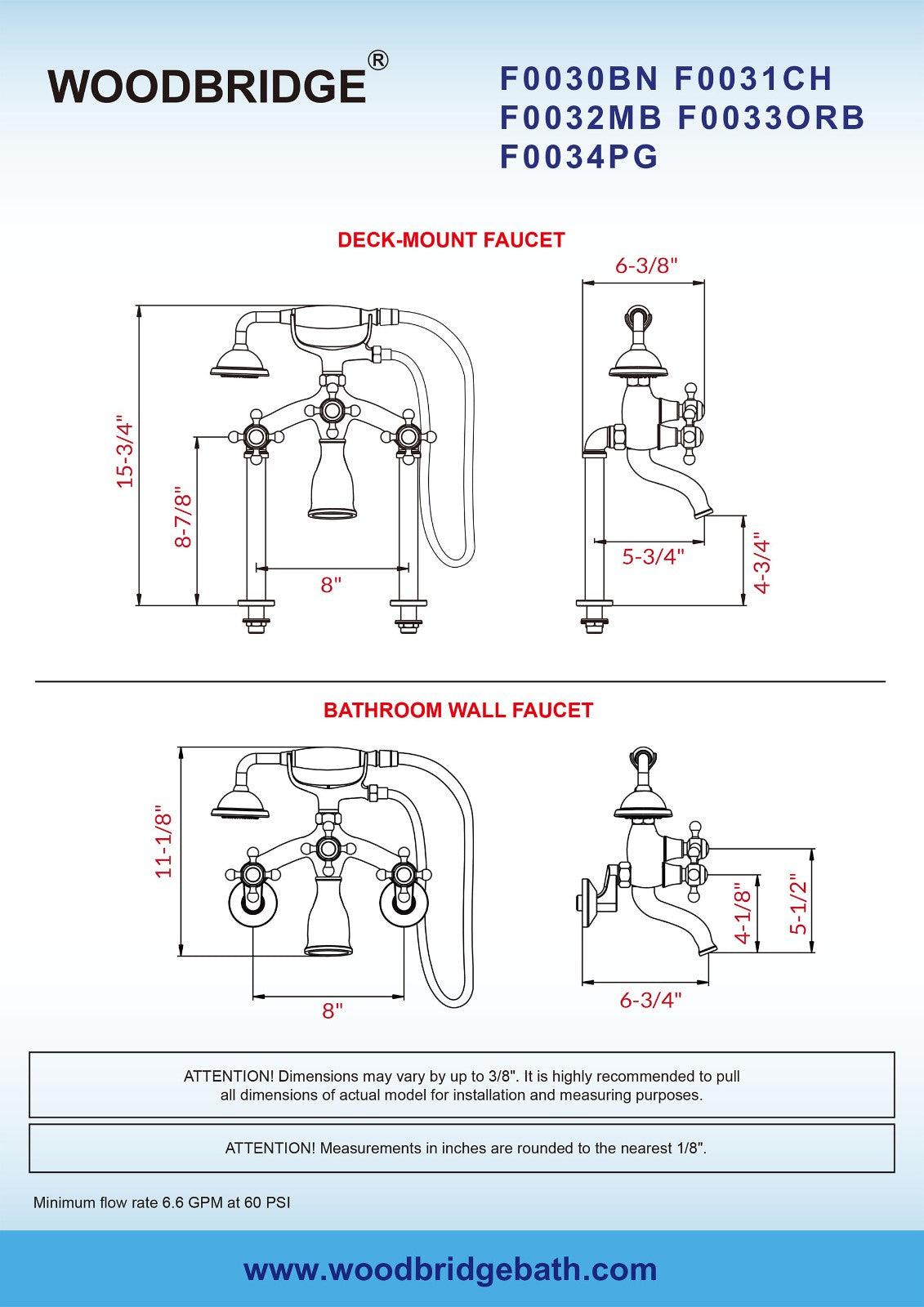 WOODBRIDGE F0030BN Wall Mount Adjustable Centers Bathtub Faucet with 3 Metal Cross Handles and Telephone Style Hand Shower and Porcelain Handle