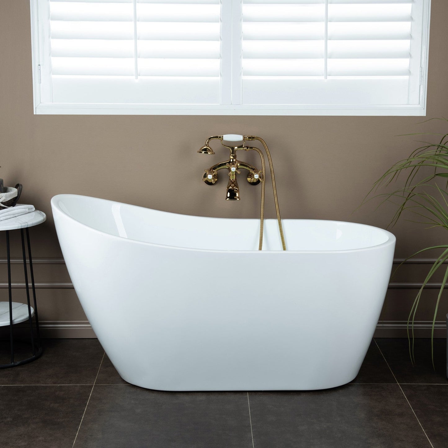 WOODBRIDGE F0030BN Wall Mount Adjustable Centers Bathtub Faucet with 3 Metal Cross Handles and Telephone Style Hand Shower and Porcelain Handle
