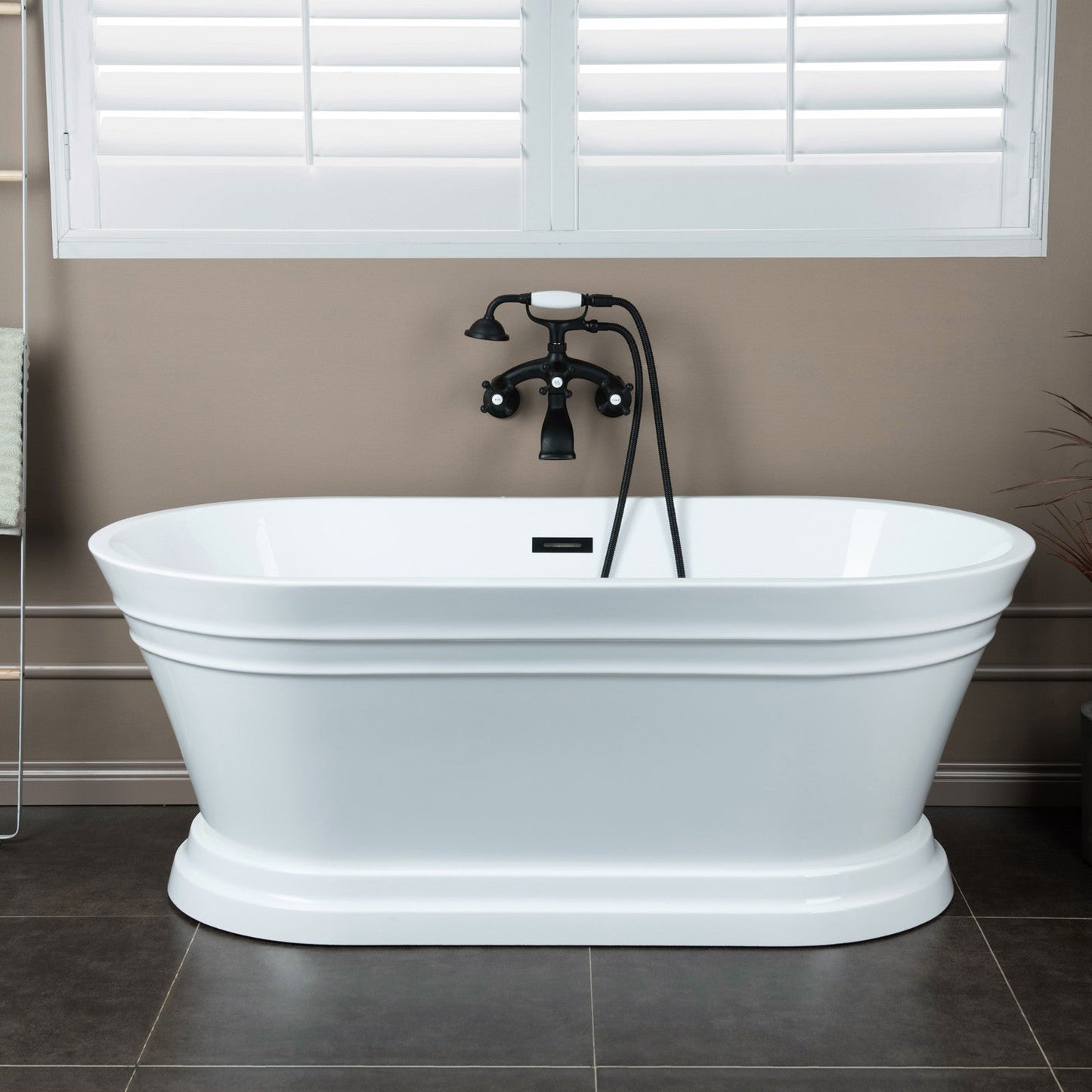 WOODBRIDGE F0030BN Wall Mount Adjustable Centers Bathtub Faucet with 3 Metal Cross Handles and Telephone Style Hand Shower and Porcelain Handle