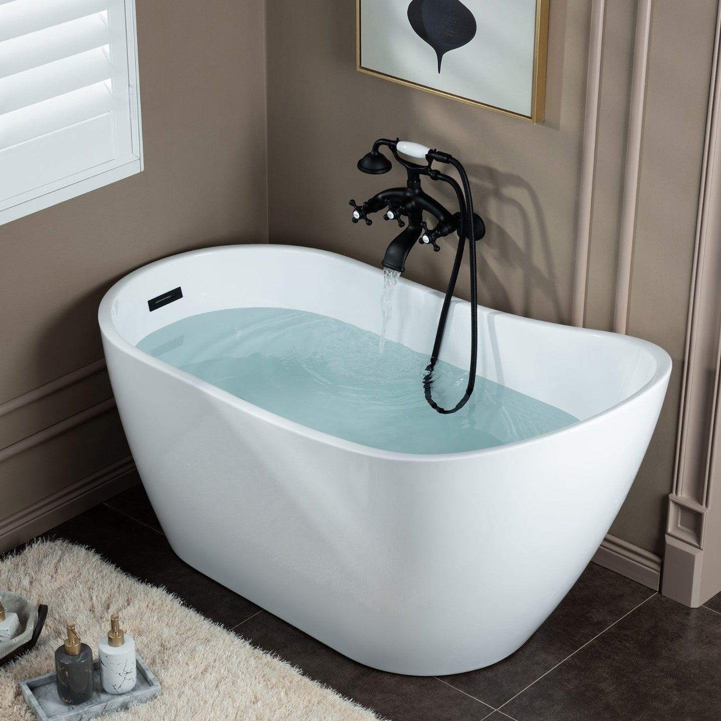 WOODBRIDGE F0030BN Wall Mount Adjustable Centers Bathtub Faucet with 3 Metal Cross Handles and Telephone Style Hand Shower and Porcelain Handle