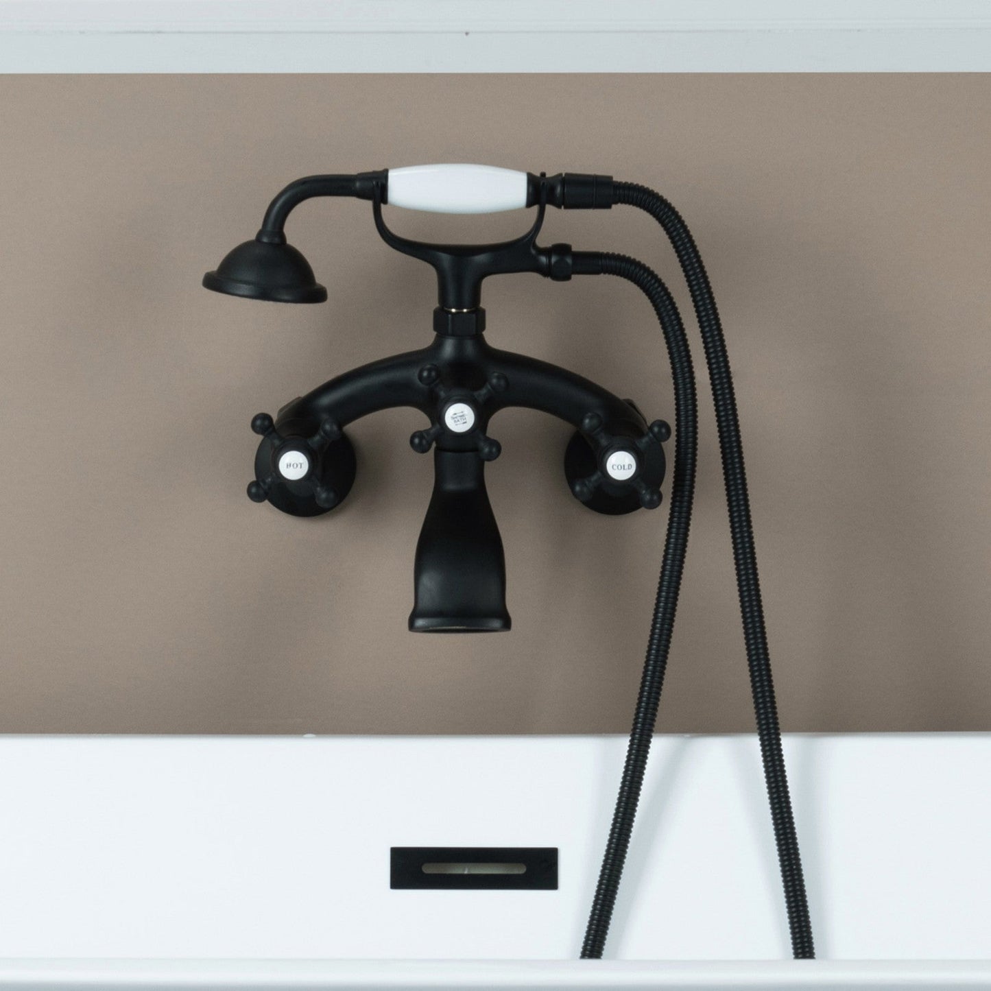 WOODBRIDGE F0030BN Wall Mount Adjustable Centers Bathtub Faucet with 3 Metal Cross Handles and Telephone Style Hand Shower and Porcelain Handle