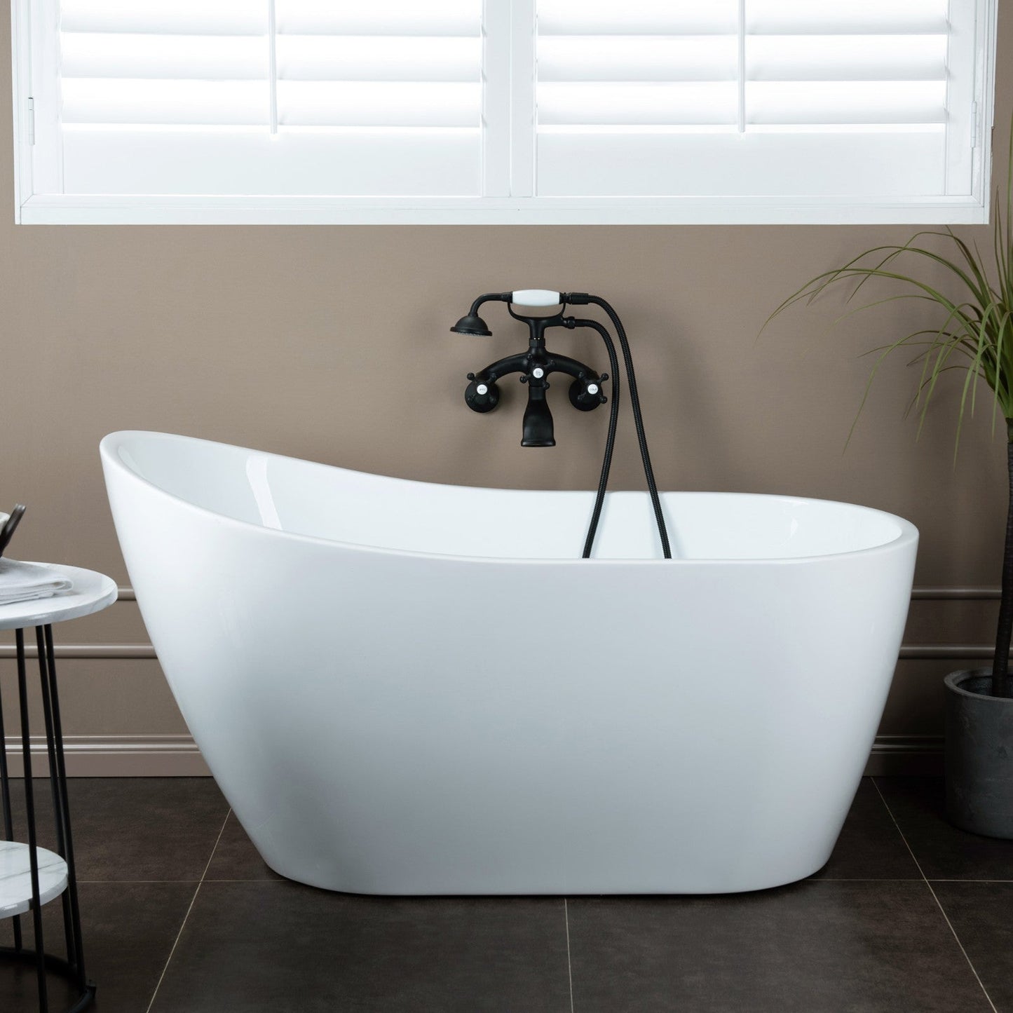 WOODBRIDGE F0030BN Wall Mount Adjustable Centers Bathtub Faucet with 3 Metal Cross Handles and Telephone Style Hand Shower and Porcelain Handle