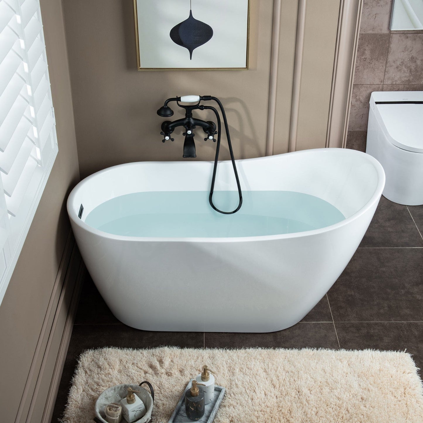 WOODBRIDGE F0030BN Wall Mount Adjustable Centers Bathtub Faucet with 3 Metal Cross Handles and Telephone Style Hand Shower and Porcelain Handle