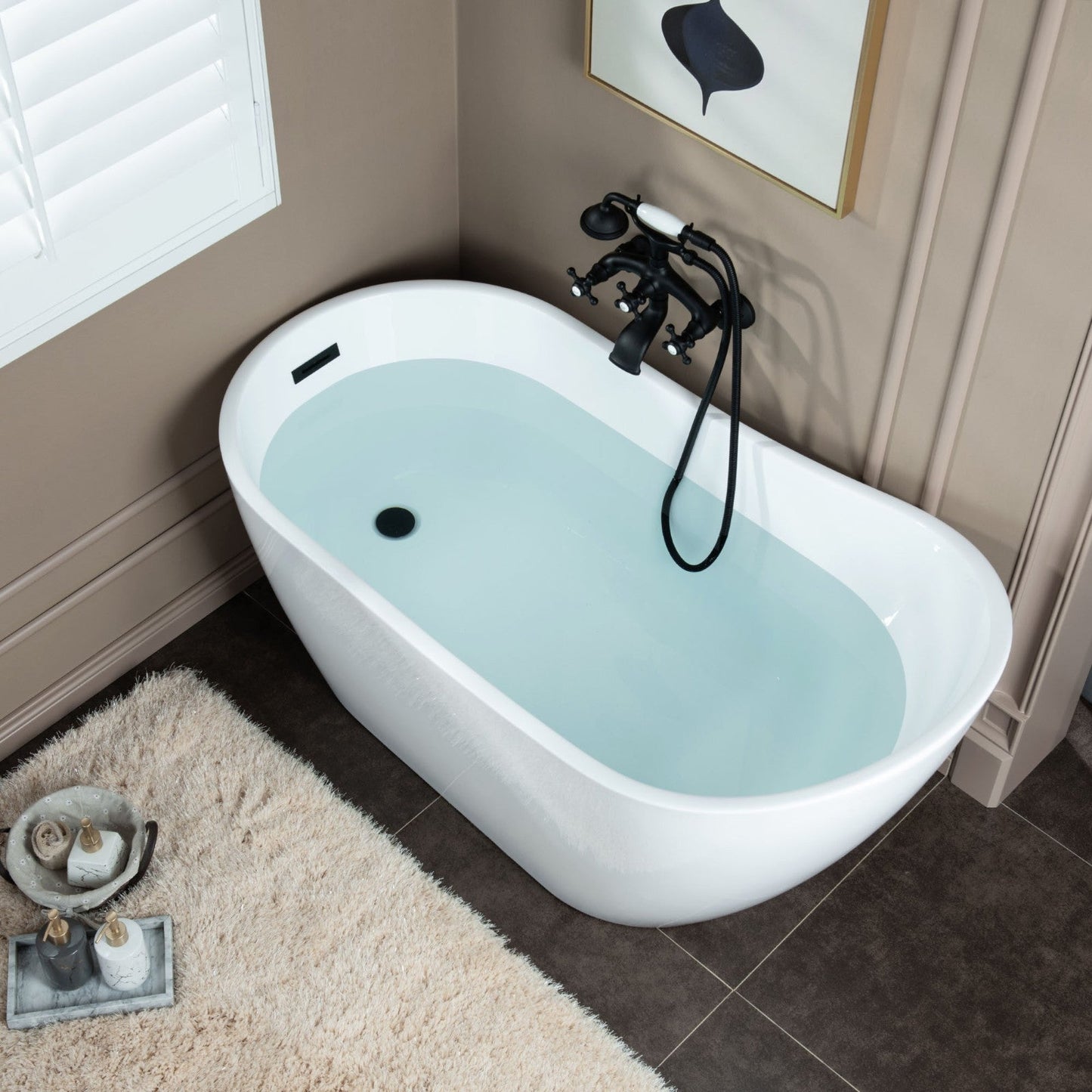 WOODBRIDGE F0030BN Wall Mount Adjustable Centers Bathtub Faucet with 3 Metal Cross Handles and Telephone Style Hand Shower and Porcelain Handle