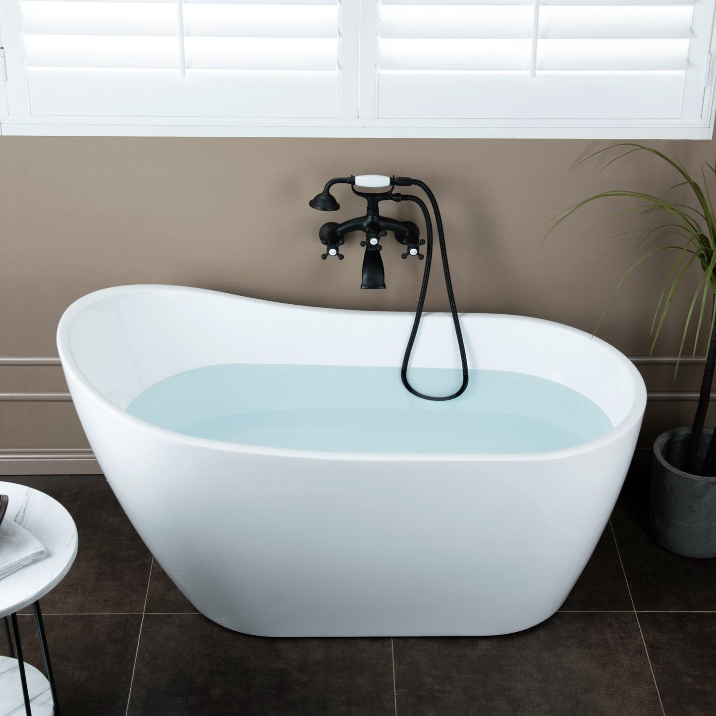 WOODBRIDGE F0030BN Wall Mount Adjustable Centers Bathtub Faucet with 3 Metal Cross Handles and Telephone Style Hand Shower and Porcelain Handle
