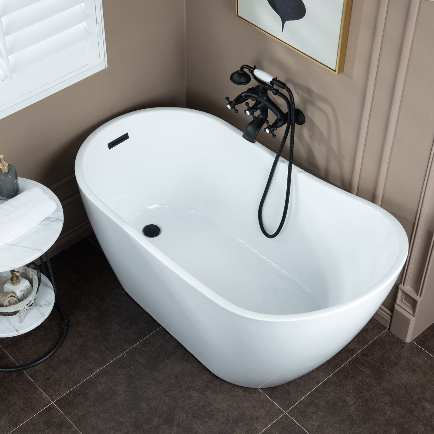 WOODBRIDGE F0030BN Wall Mount Adjustable Centers Bathtub Faucet with 3 Metal Cross Handles and Telephone Style Hand Shower and Porcelain Handle