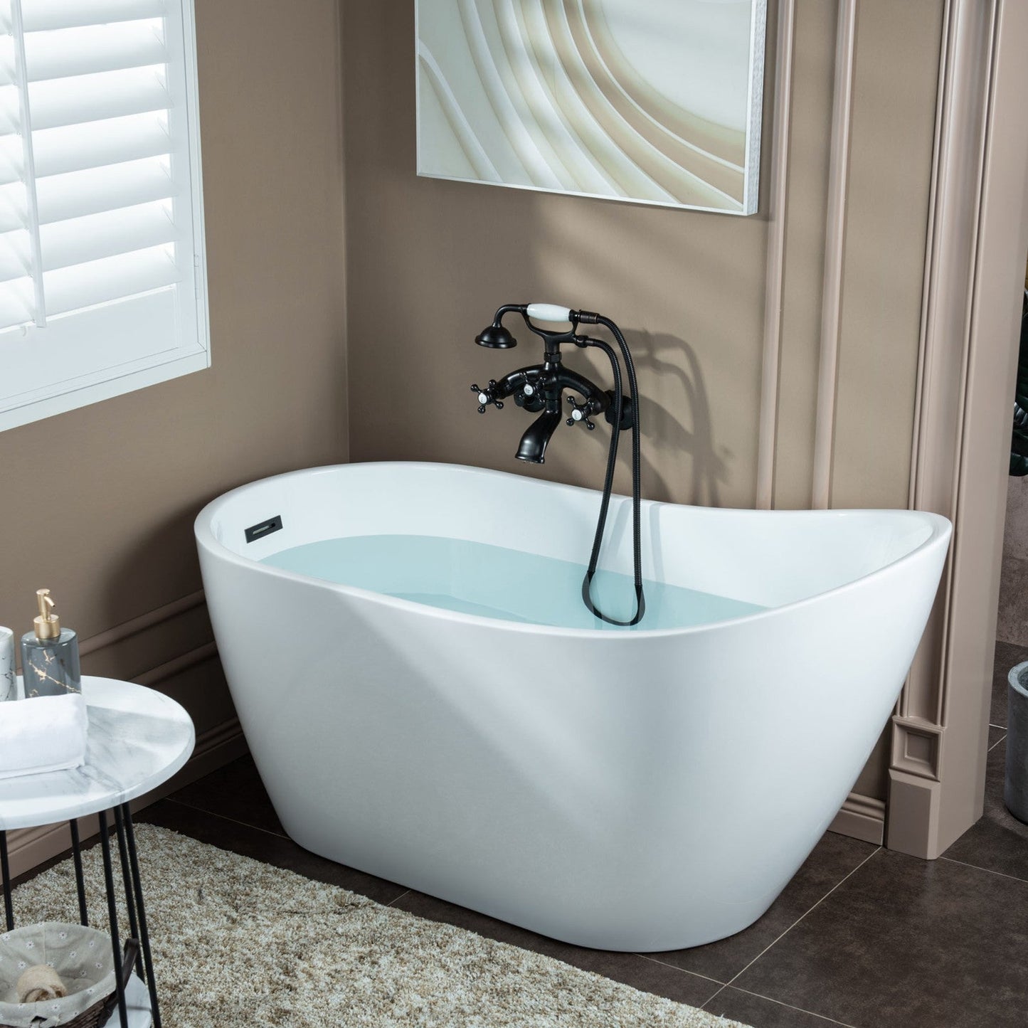 WOODBRIDGE F0030BN Wall Mount Adjustable Centers Bathtub Faucet with 3 Metal Cross Handles and Telephone Style Hand Shower and Porcelain Handle