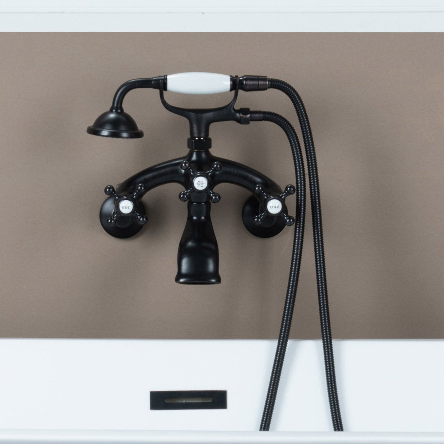 WOODBRIDGE F0030BN Wall Mount Adjustable Centers Bathtub Faucet with 3 Metal Cross Handles and Telephone Style Hand Shower and Porcelain Handle