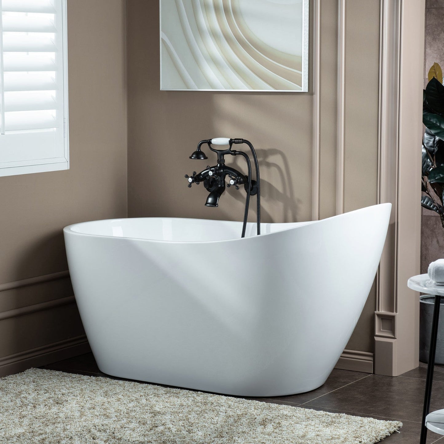 WOODBRIDGE F0030BN Wall Mount Adjustable Centers Bathtub Faucet with 3 Metal Cross Handles and Telephone Style Hand Shower and Porcelain Handle