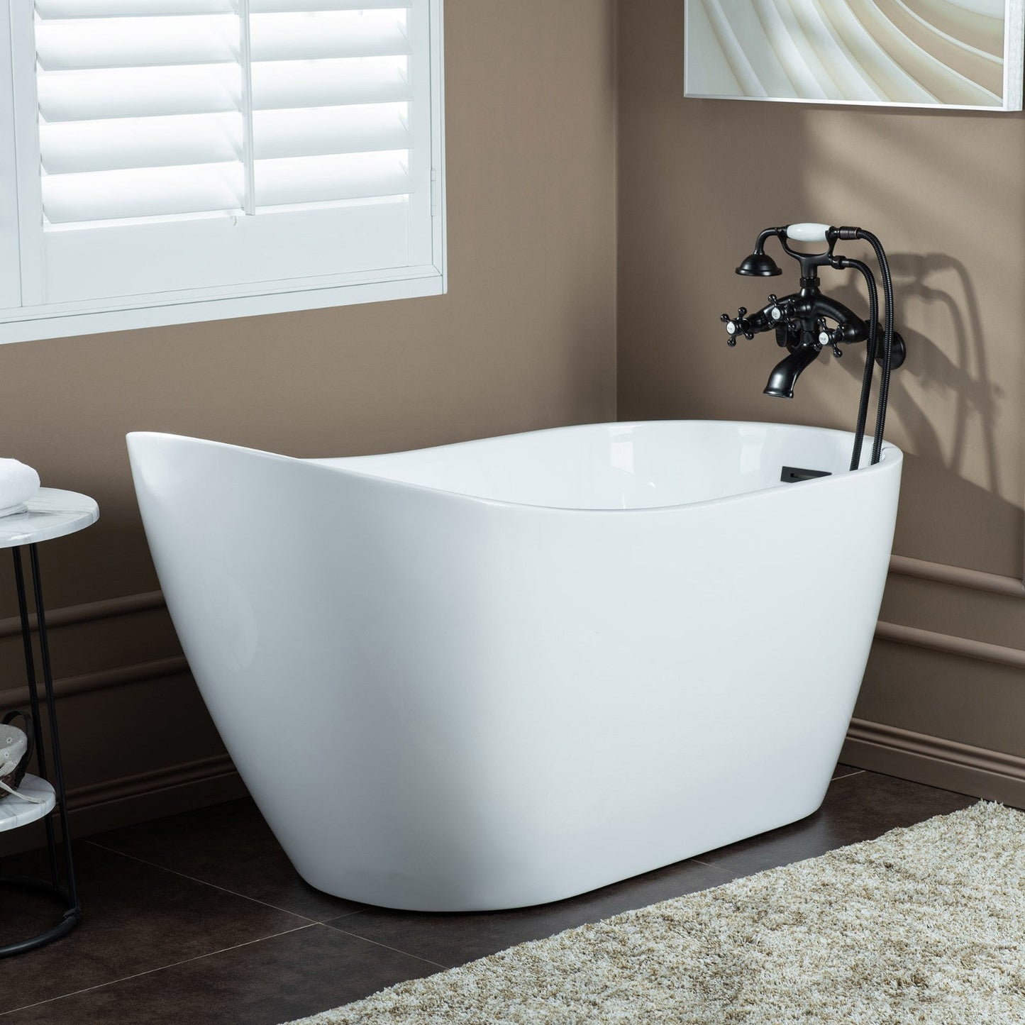 WOODBRIDGE F0030BN Wall Mount Adjustable Centers Bathtub Faucet with 3 Metal Cross Handles and Telephone Style Hand Shower and Porcelain Handle