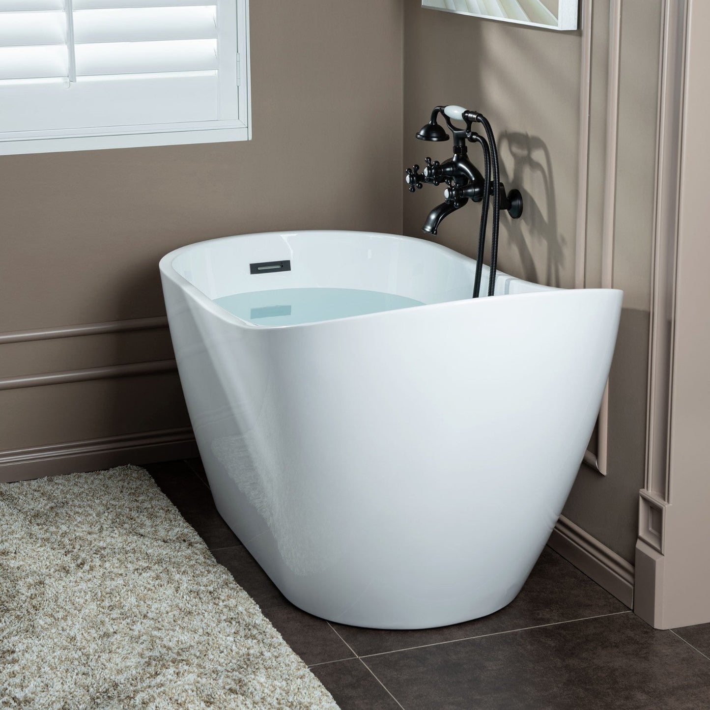 WOODBRIDGE F0030BN Wall Mount Adjustable Centers Bathtub Faucet with 3 Metal Cross Handles and Telephone Style Hand Shower and Porcelain Handle