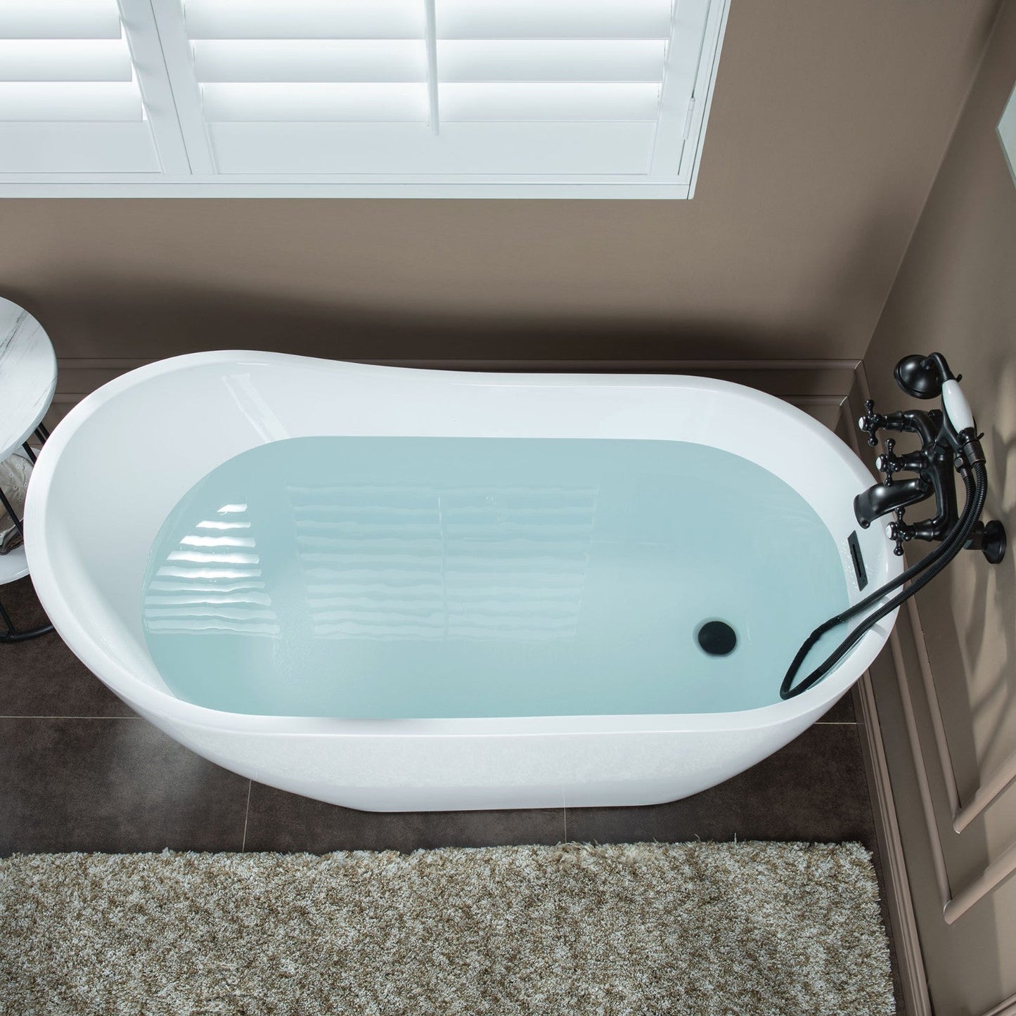 WOODBRIDGE F0030BN Wall Mount Adjustable Centers Bathtub Faucet with 3 Metal Cross Handles and Telephone Style Hand Shower and Porcelain Handle
