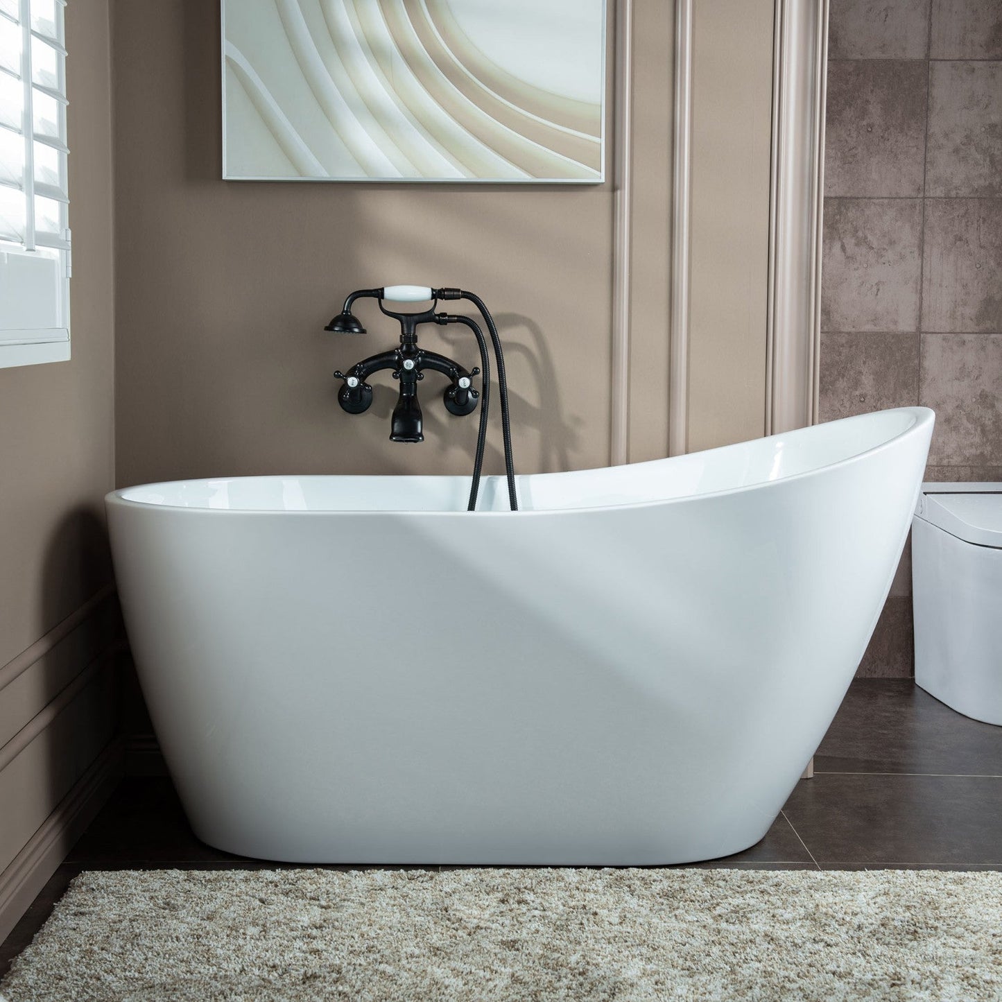 WOODBRIDGE F0030BN Wall Mount Adjustable Centers Bathtub Faucet with 3 Metal Cross Handles and Telephone Style Hand Shower and Porcelain Handle