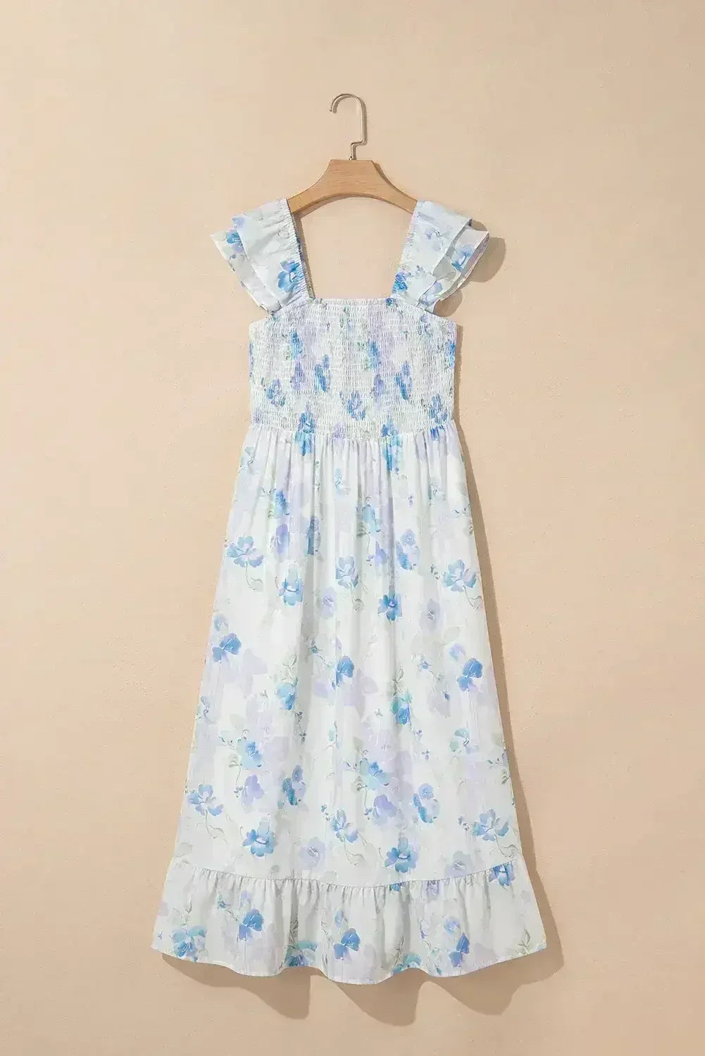 Sky Blue Floral Smocked High Waist Ruffle Sleeveless Long Dress
