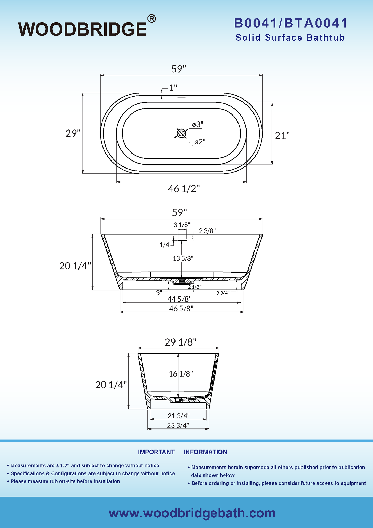 WOODBRIDGE 59 in. x 29 in. Luxury Contemporary Solid Surface Freestanding Bathtub