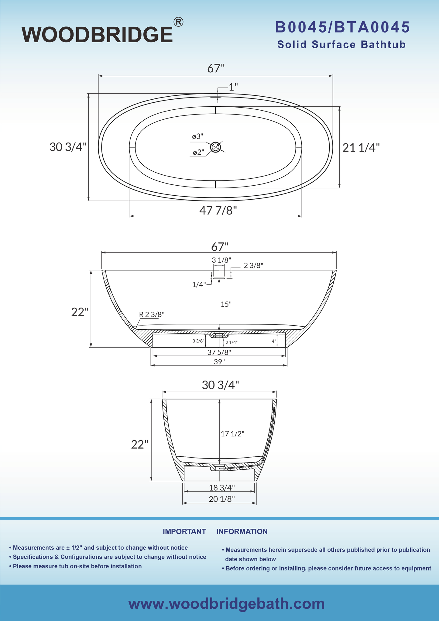 WOODBRIDGE 67 in. x 30.75 in. Luxury Contemporary Solid Surface Freestanding Bathtub