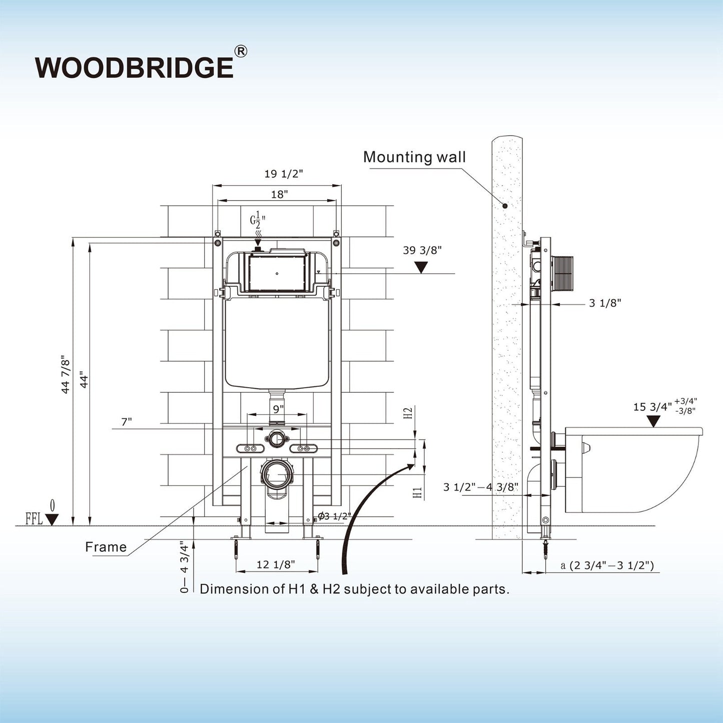 WOODBRIDGE In-Wall 0.8 GPF/1.60 GPF Dual Flus Toilet Tank Carrier System for 2 x 4 stud installation, WHTA001