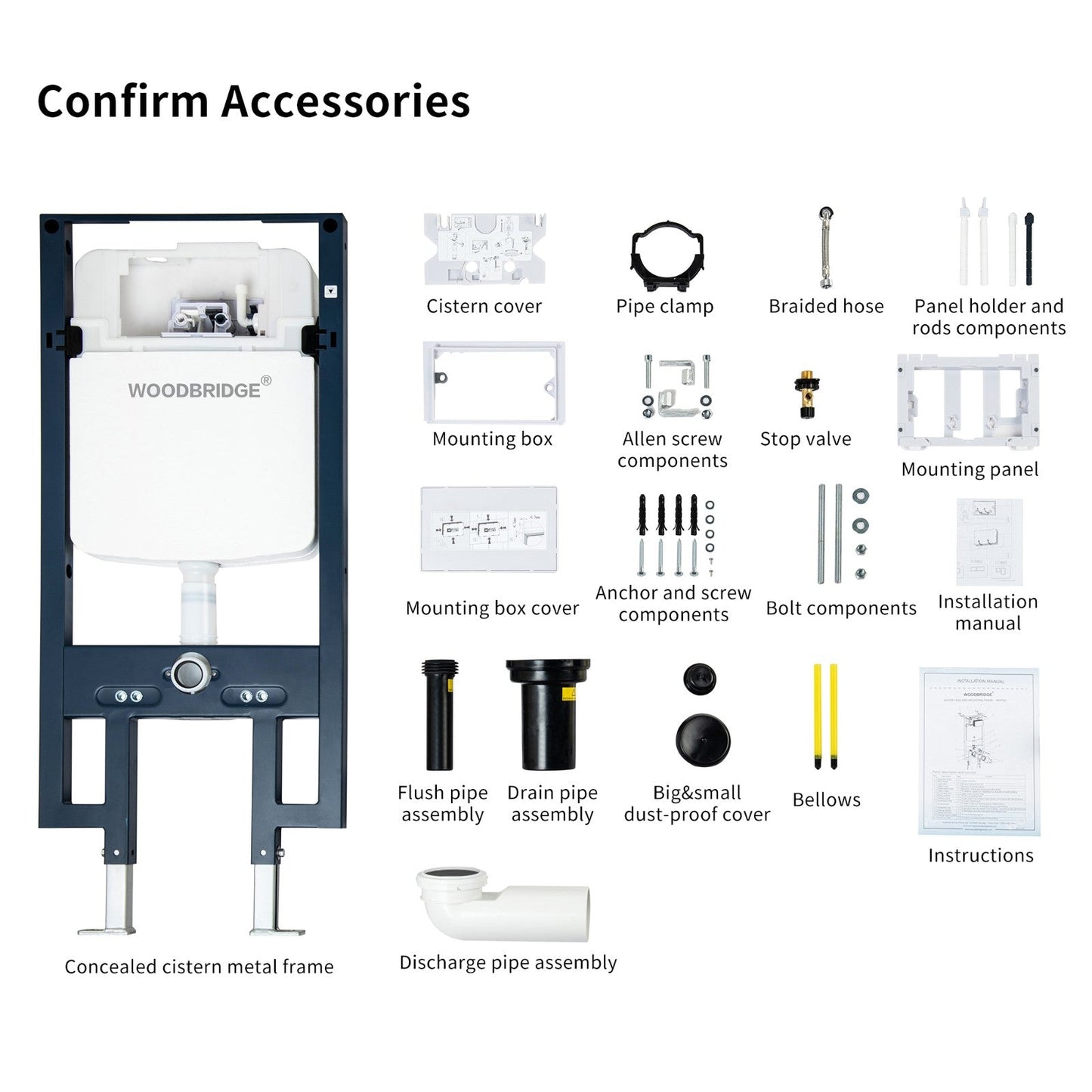 WOODBRIDGE In-Wall 0.8 GPF/1.60 GPF Dual Flus Toilet Tank Carrier System for 2 x 4 stud installation, WHTA001