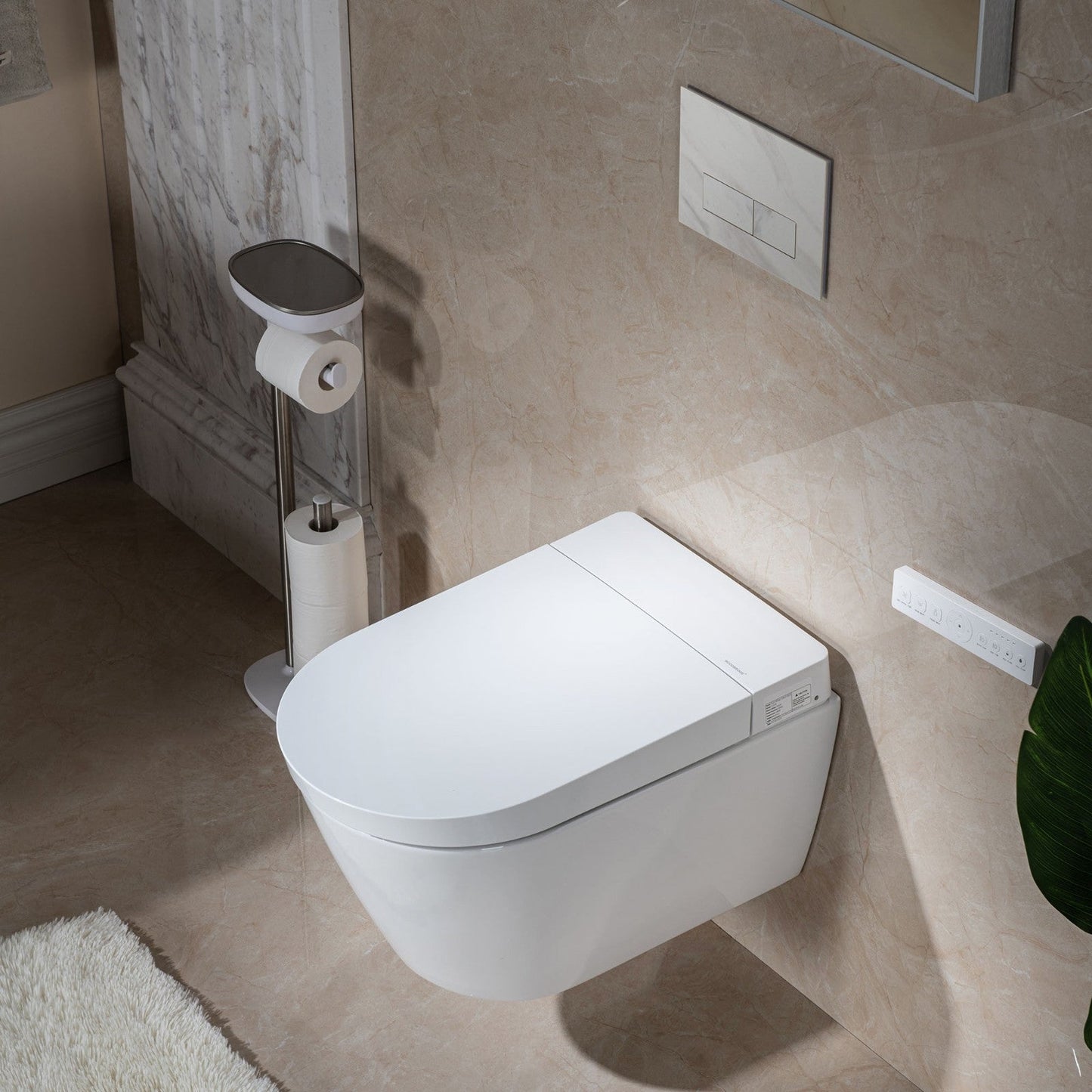 WOODBRIDGE Intelligent Compact Elongated Dual-flush wall hung toilet with Bidet Wash Function, Heated Seat & Dryer. Matching Concealed Tank system and White Marble Stone Slim Flush Plates Included.LT611 + SWHT611+FP611-WH