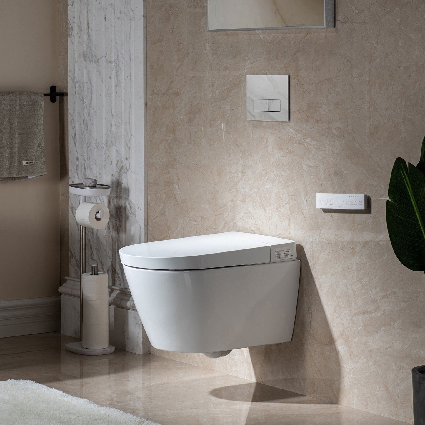 WOODBRIDGE Intelligent Compact Elongated Dual-flush wall hung toilet with Bidet Wash Function, Heated Seat & Dryer. Matching Concealed Tank system and White Marble Stone Slim Flush Plates Included.LT611 + SWHT611+FP611-WH