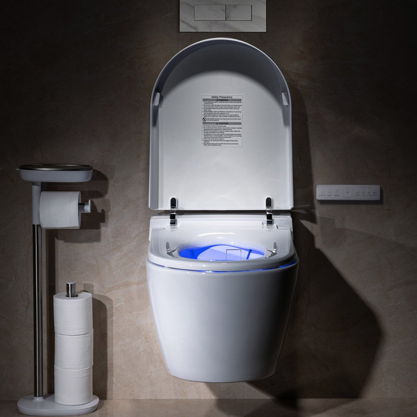 WOODBRIDGE Intelligent Compact Elongated Dual-flush wall hung toilet with Bidet Wash Function, Heated Seat & Dryer. Matching Concealed Tank system and White Marble Stone Slim Flush Plates Included.LT611 + SWHT611+FP611-WH