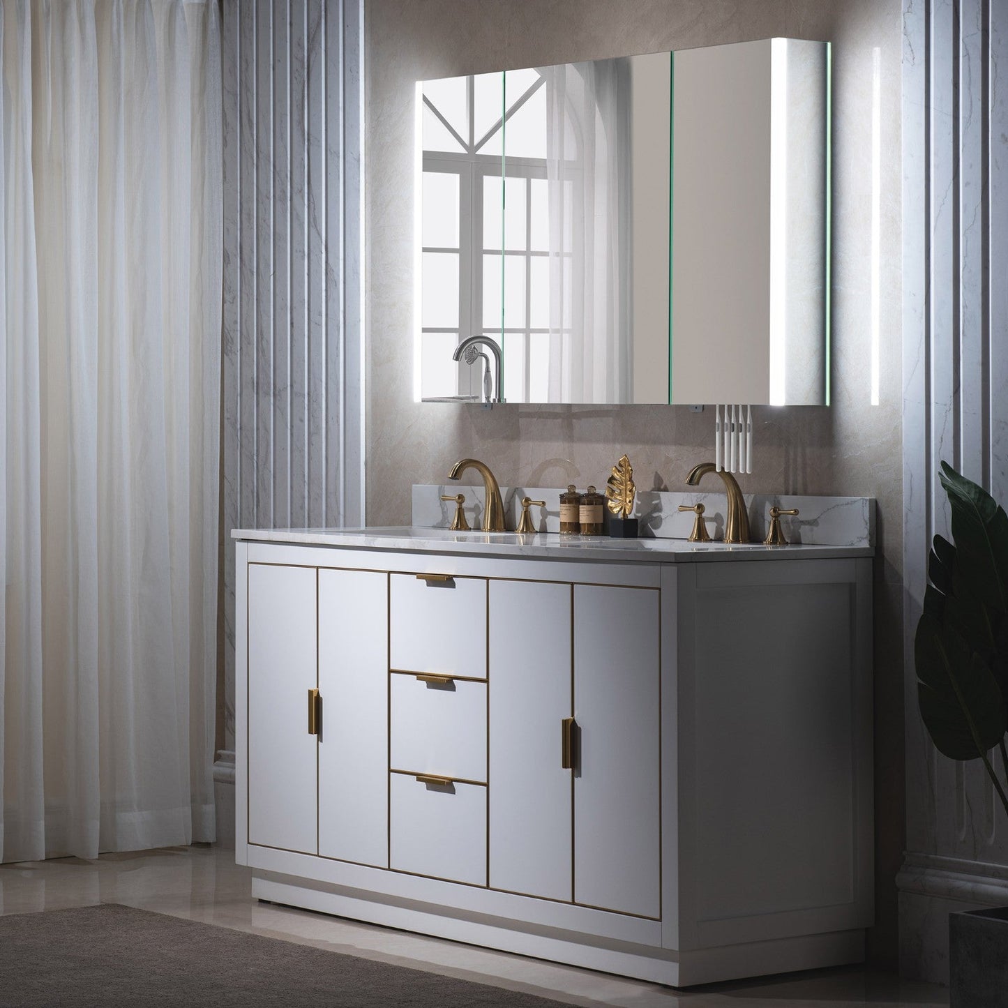WOODBRIDGE Contemporary 48”W X 30"H Surface Mount Frameless Tri View Medicine Cabinet with Mirror Defogger and soft close Hinges