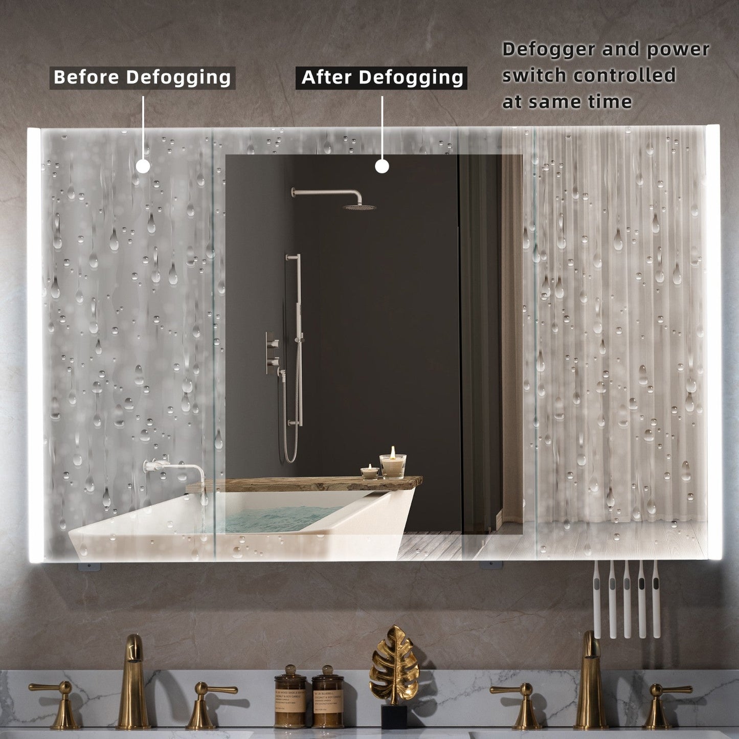 WOODBRIDGE Contemporary 48”W X 30"H Surface Mount Frameless Tri View Medicine Cabinet with Mirror Defogger and soft close Hinges