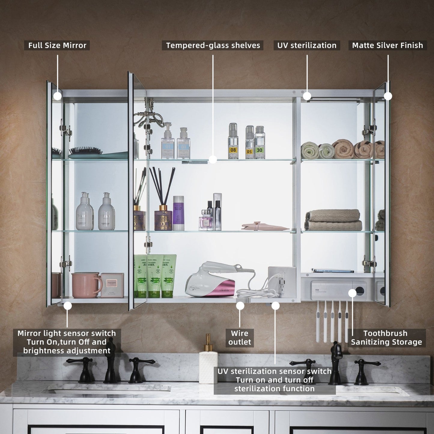 WOODBRIDGE Contemporary 48”W X 30"H Surface Mount Frameless Tri View Medicine Cabinet with Mirror Defogger and soft close Hinges