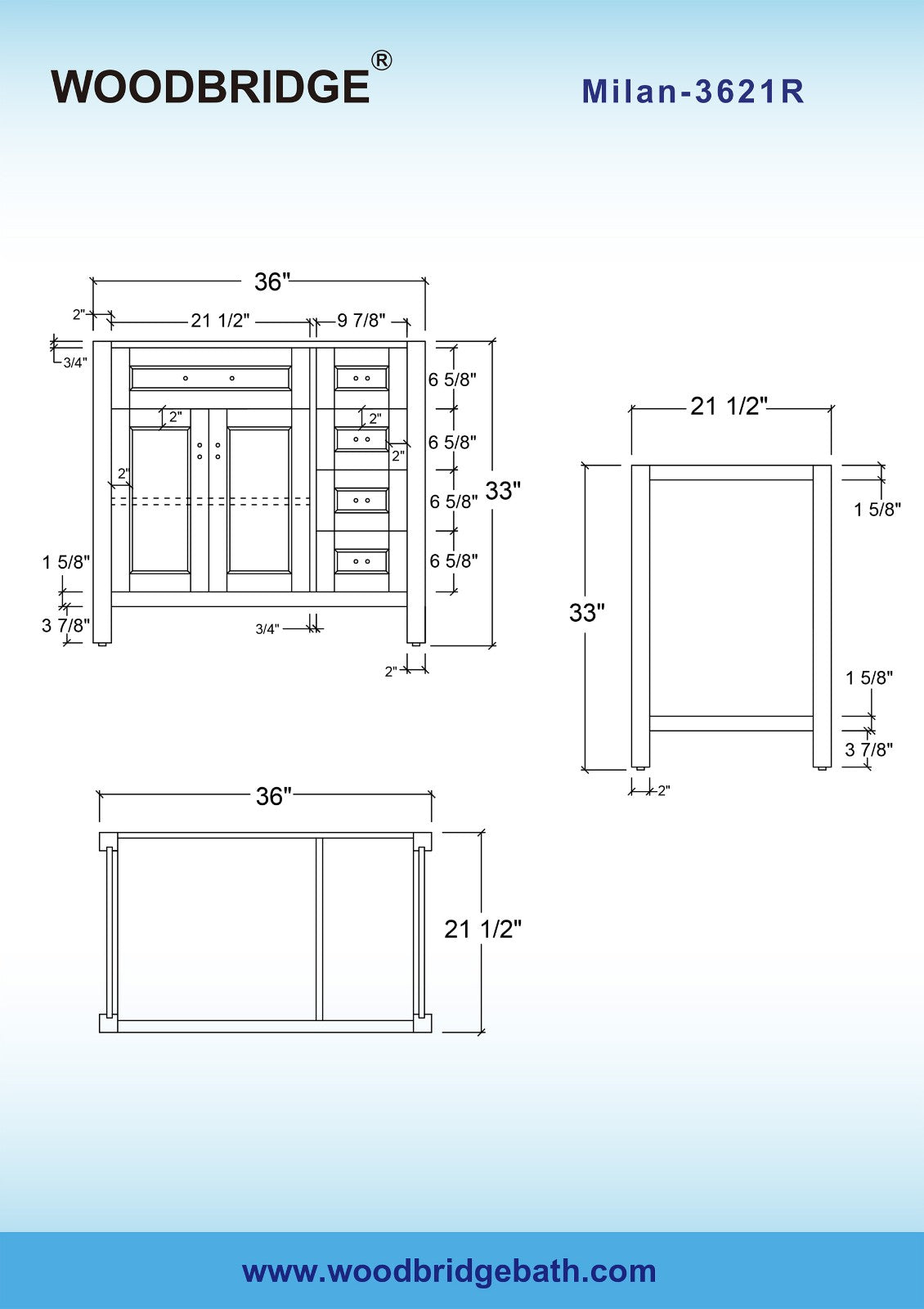 WOODBRIDGE Milan 36"x21"x33" Solid Wood Bath Vanities Cabinet Only with Drawers on Right, without Top, White, Milan 3621R-WH