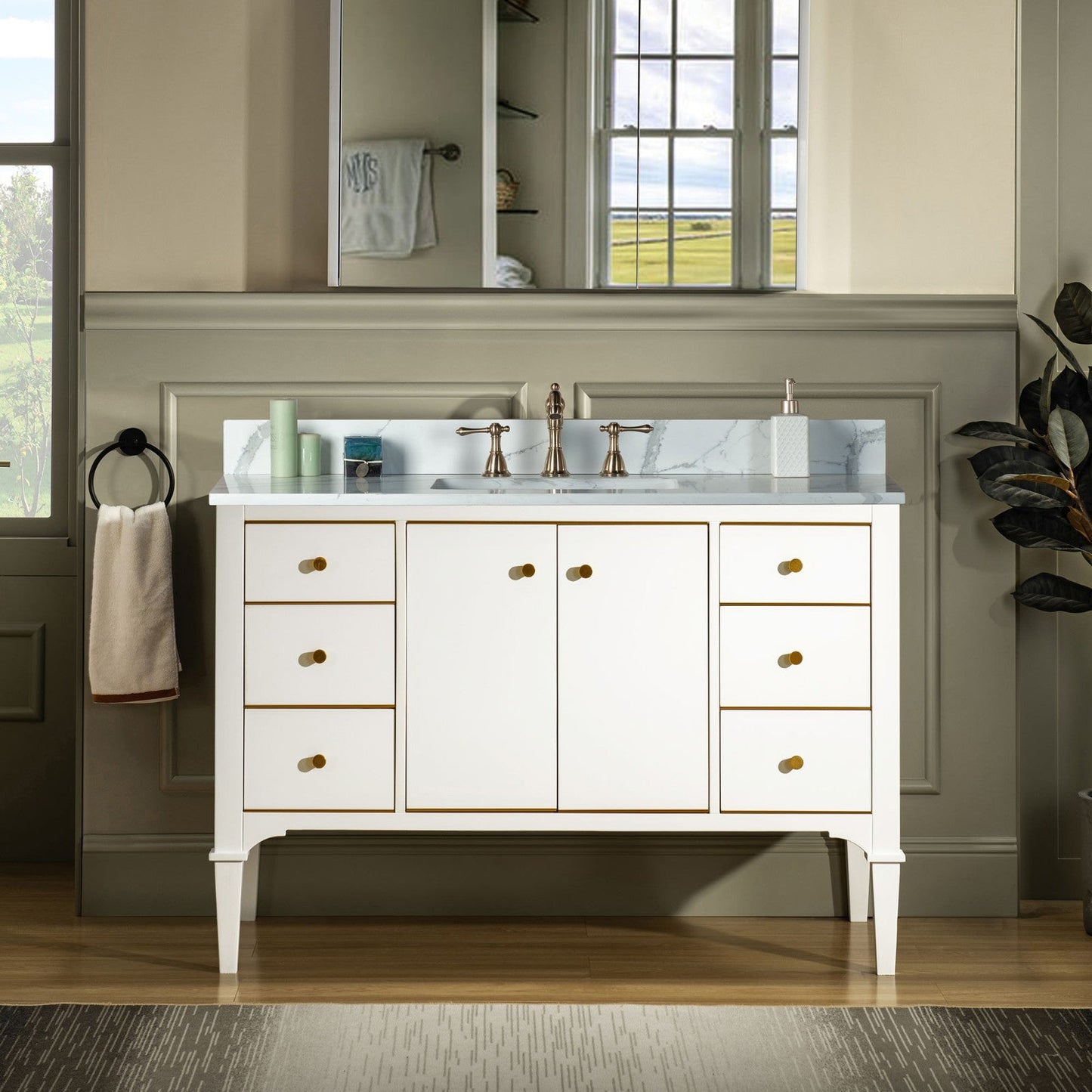 WOODBRIDGE Roma 49"x22"x38" Solid Wood Bath Vanity in White with Gold Hardware and Fish Belly Engineered Stone Composite vanity top with 3 Pre-Drilled Holes, Roma-4821-White+FBVT4922D-8