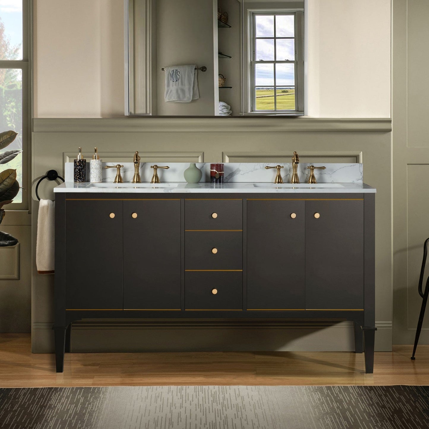 WOODBRIDGE Roma 61"x22"x38" Solid Wood Bath Vanity in Espresso with Gold Hardware and Fish Belly Engineered Stone Composite vanity top with 3 Pre-Drilled Holes, Roma-6021-Espresso+FBVT6122D-8