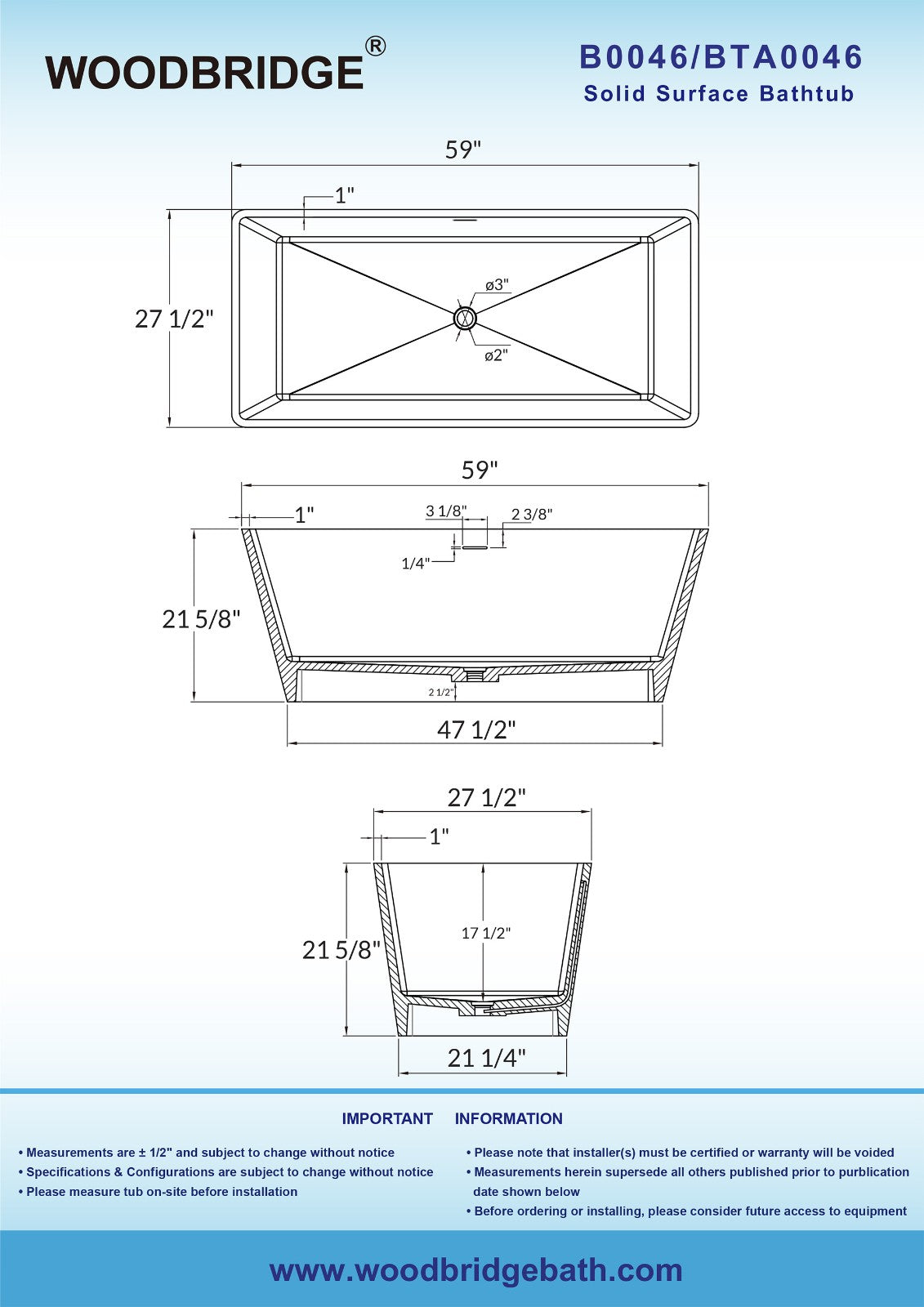 WOODBRIDGE 59 in. x 27.5 in. Luxury Contemporary Solid Surface Freestanding Bathtub