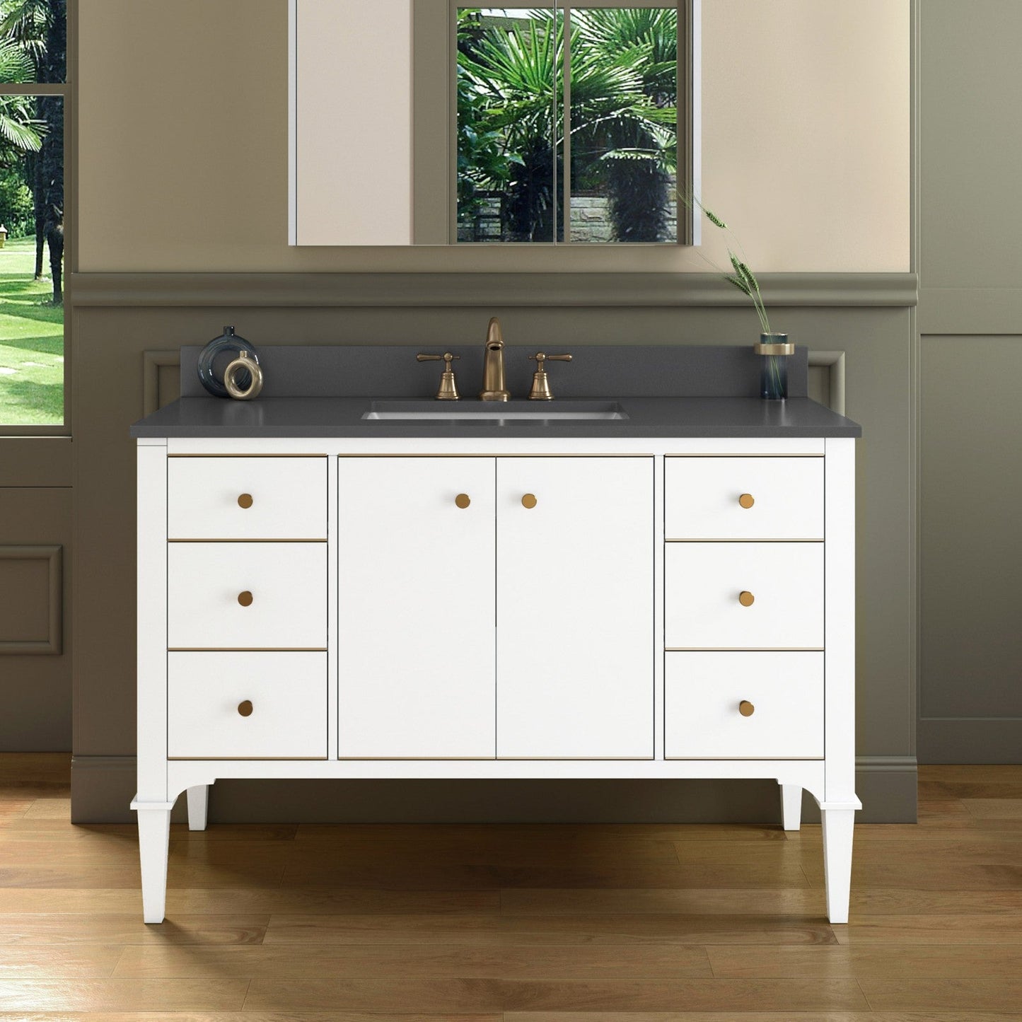 WOODBRIDGE Roma 49"x22"x38" Solid Wood Bath Vanity in White with Gold Hardware and Dark Gray Engineered Stone Composite vanity top with 3 Pre-Drilled Holes, Roma-4821-White+DGVT4922D-8