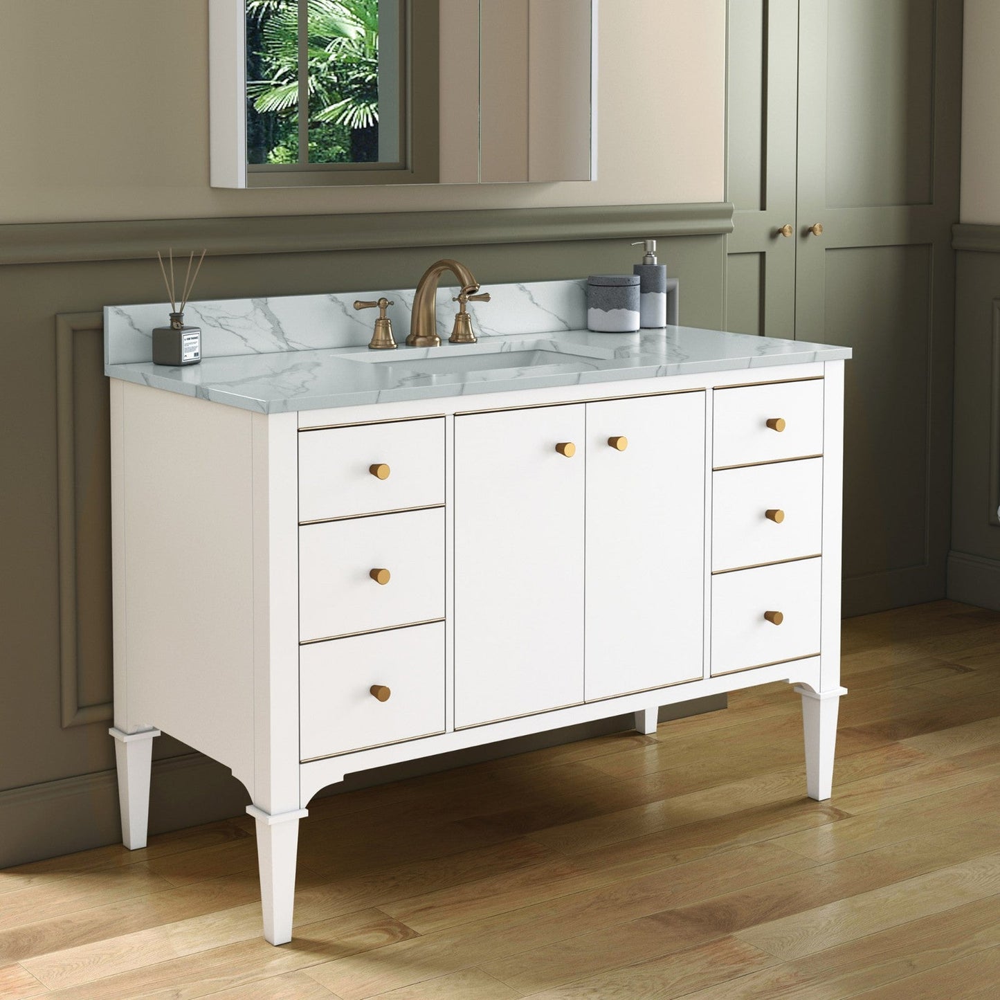 WOODBRIDGE Roma 49"x22"x38" Solid Wood Bath Vanity in White with Gold Hardware and Fish Belly Engineered Stone Composite vanity top with 3 Pre-Drilled Holes, Roma-4821-White+FBVT4922D-8