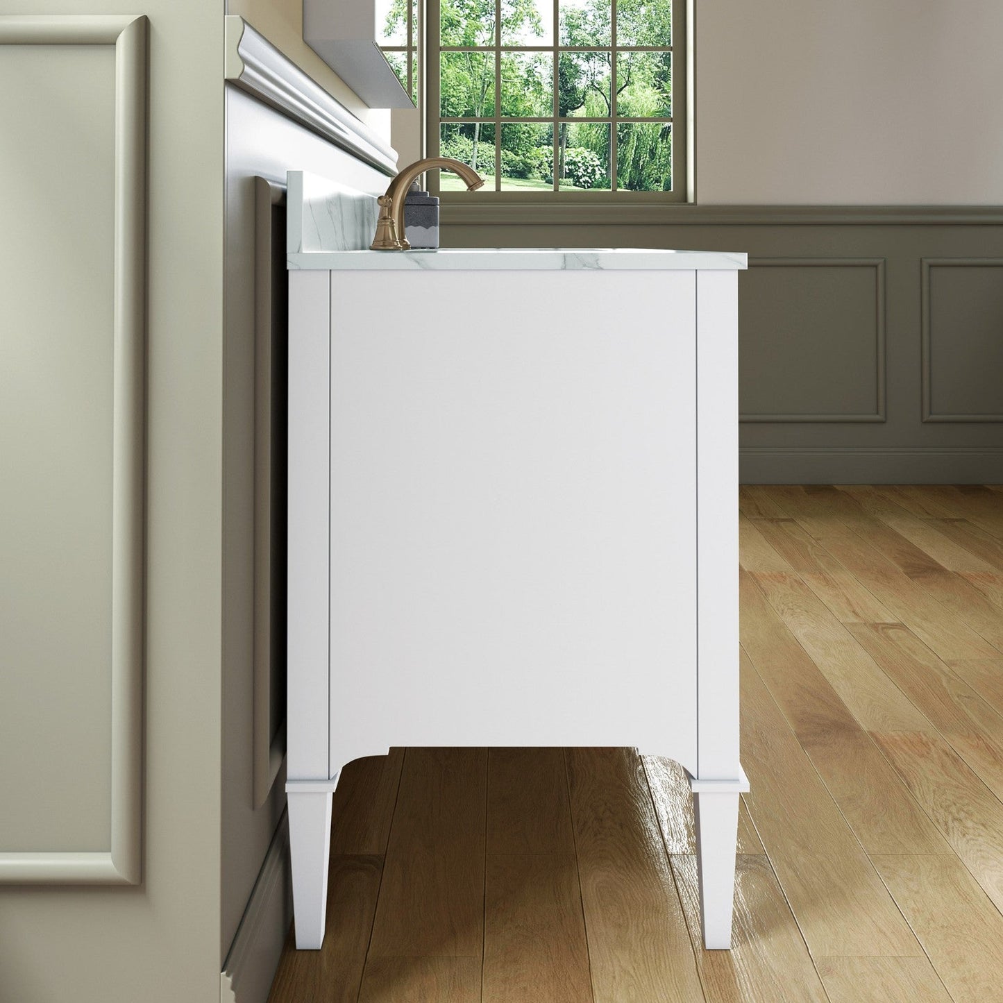 WOODBRIDGE Roma 49"x22"x38" Solid Wood Bath Vanity in White with Gold Hardware and Fish Belly Engineered Stone Composite vanity top with 3 Pre-Drilled Holes, Roma-4821-White+FBVT4922D-8