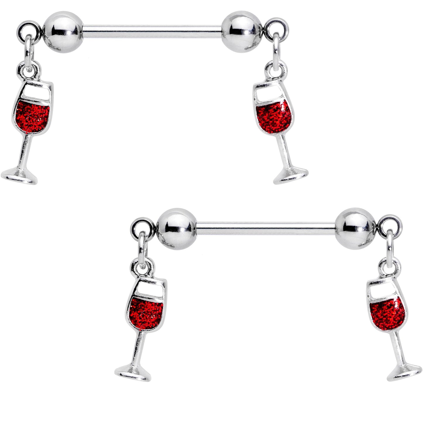 14G 5/8 Red Wine Glass Dangle Barbell Nipple Ring Set