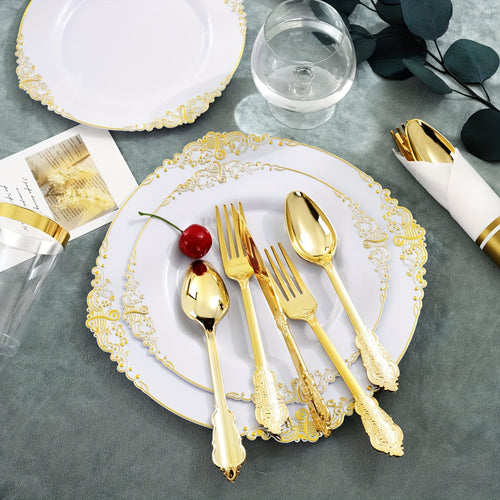 Elegant Gold Rim Plastic Dinnerware Set 50pcs Reusable
