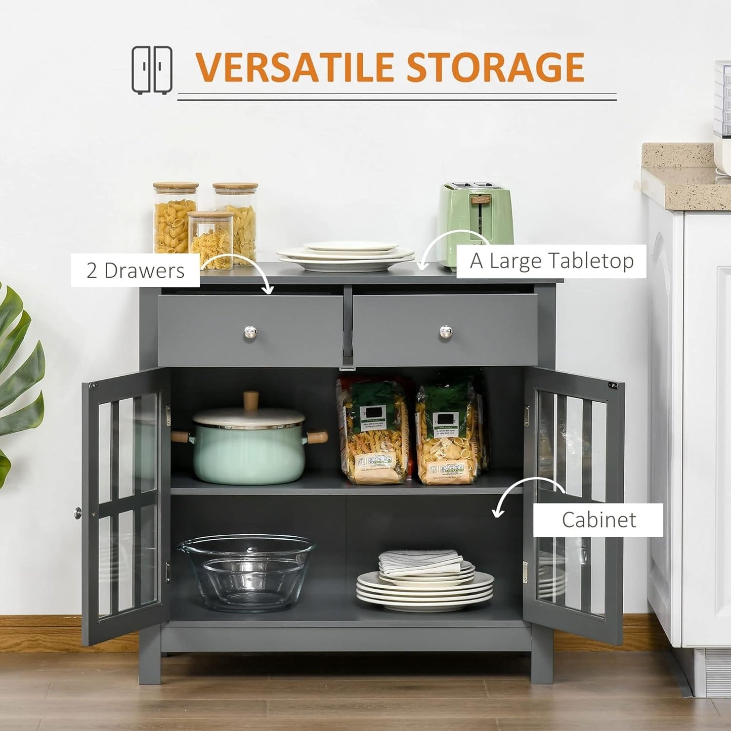 Gray Glass Door Kitchen Cabinet with Drawers | Home Decor | Kitchen + Metal