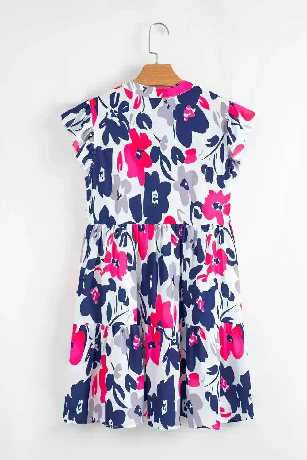 Rose Floral Print Notched Neck Flutter Sleeve Mini Dress