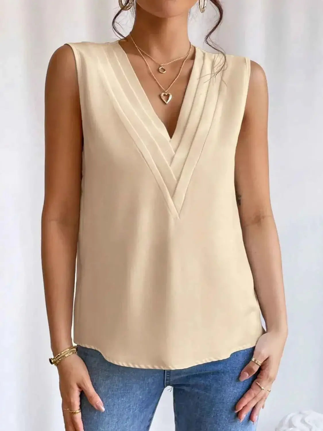 V-Neck Pleated Sleeveless Cami Tank Top