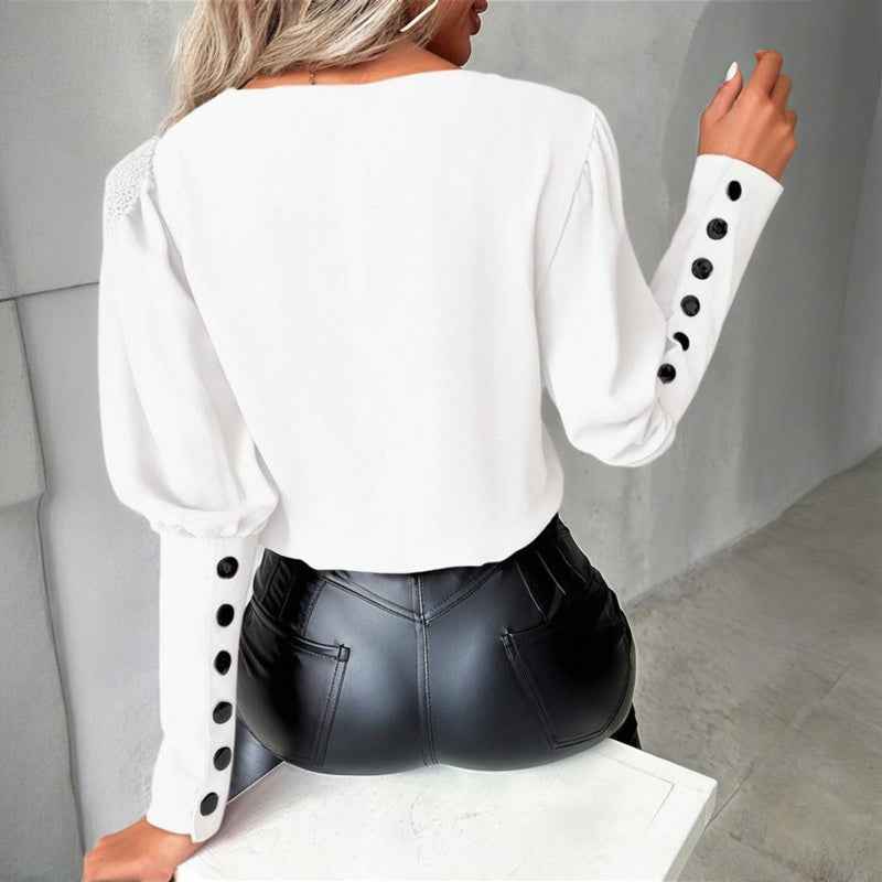 Women's V-Neck Contrast Trim Long Sleeve Blouse With Button Cuff Detail - Casual Comfort Top