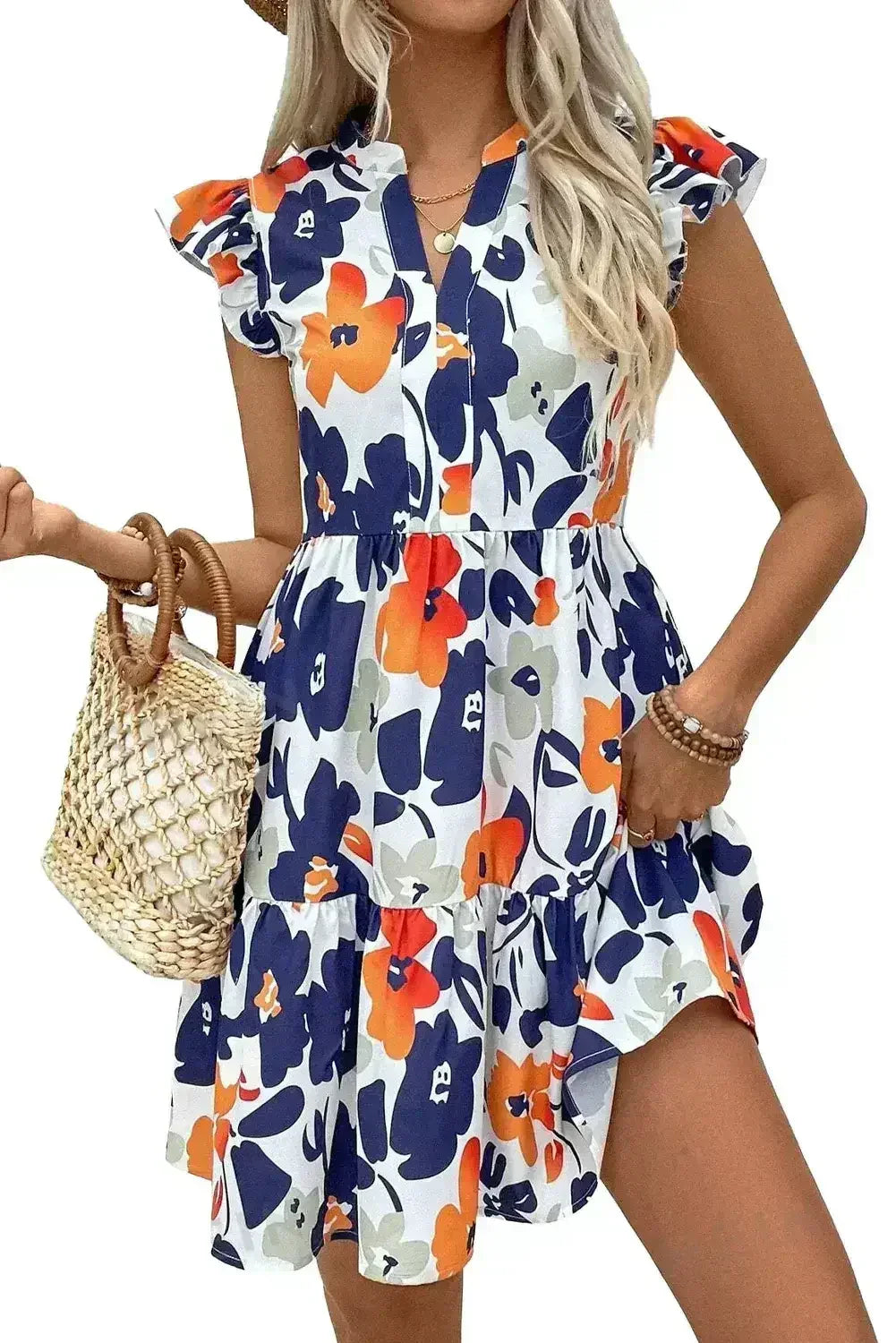Rose Floral Print Notched Neck Flutter Sleeve Mini Dress