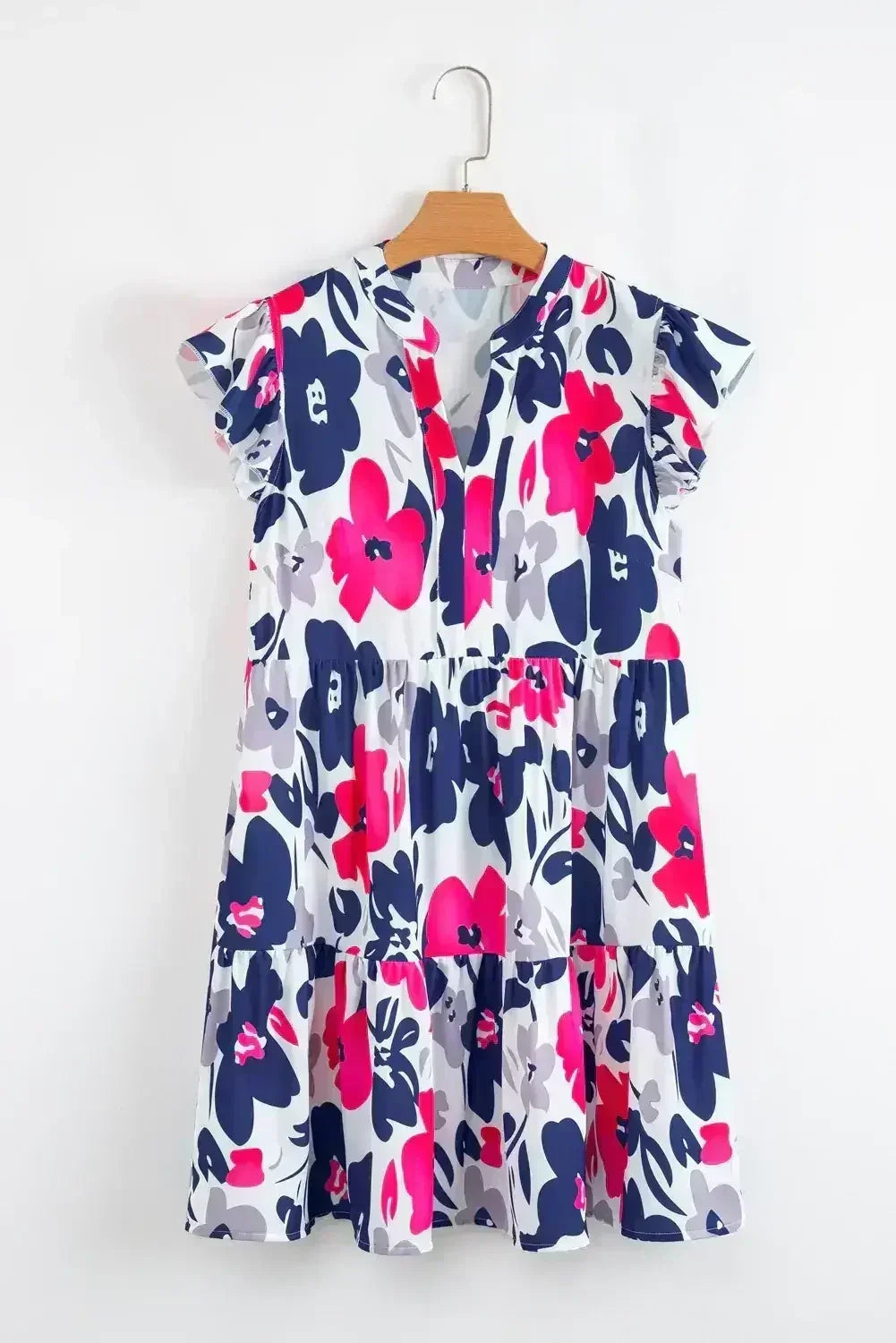 Rose Floral Print Notched Neck Flutter Sleeve Mini Dress