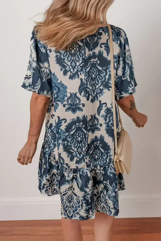 Blue Boho Floral Print Buttoned Collared Loose Fit Mini Dress