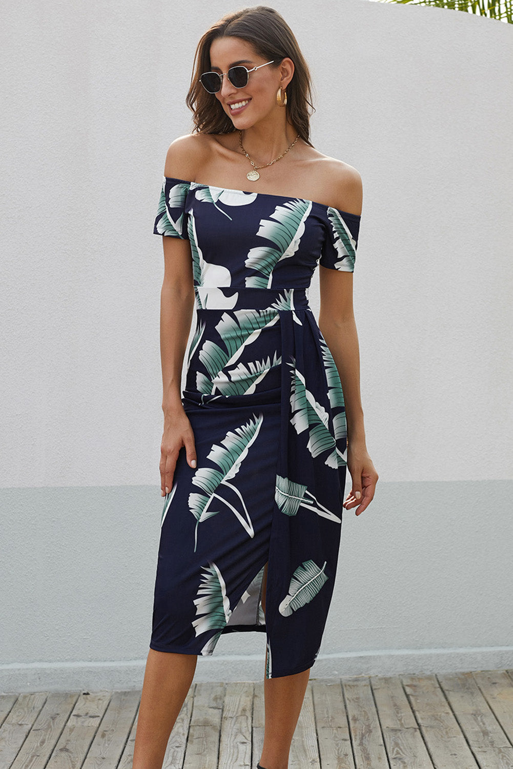 Printed Off-Shoulder Split Dress - Women's Dress
