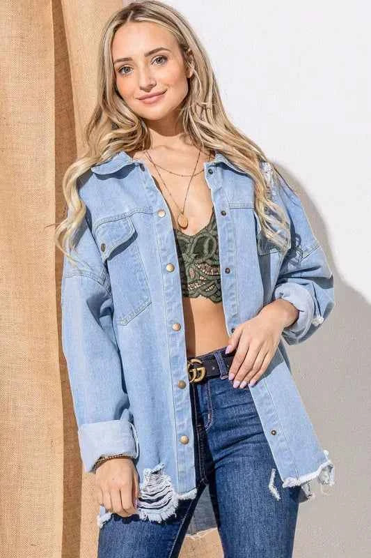 And The Why Front Flap Pocket Ripped Denim Jacket