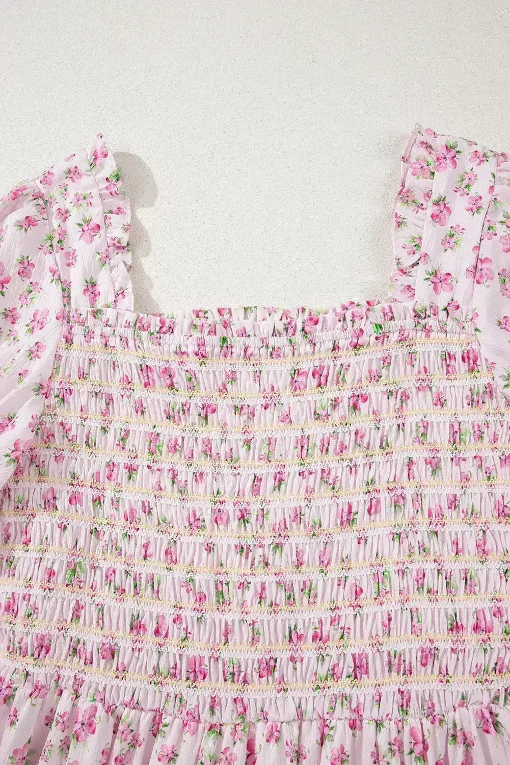 White Frill Neckline Shirred Bodice Floral Maxi Dress