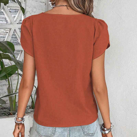 Women's Casual Petal Sleeve Asymmetrical V Neck Work Shirts Blouse Tops