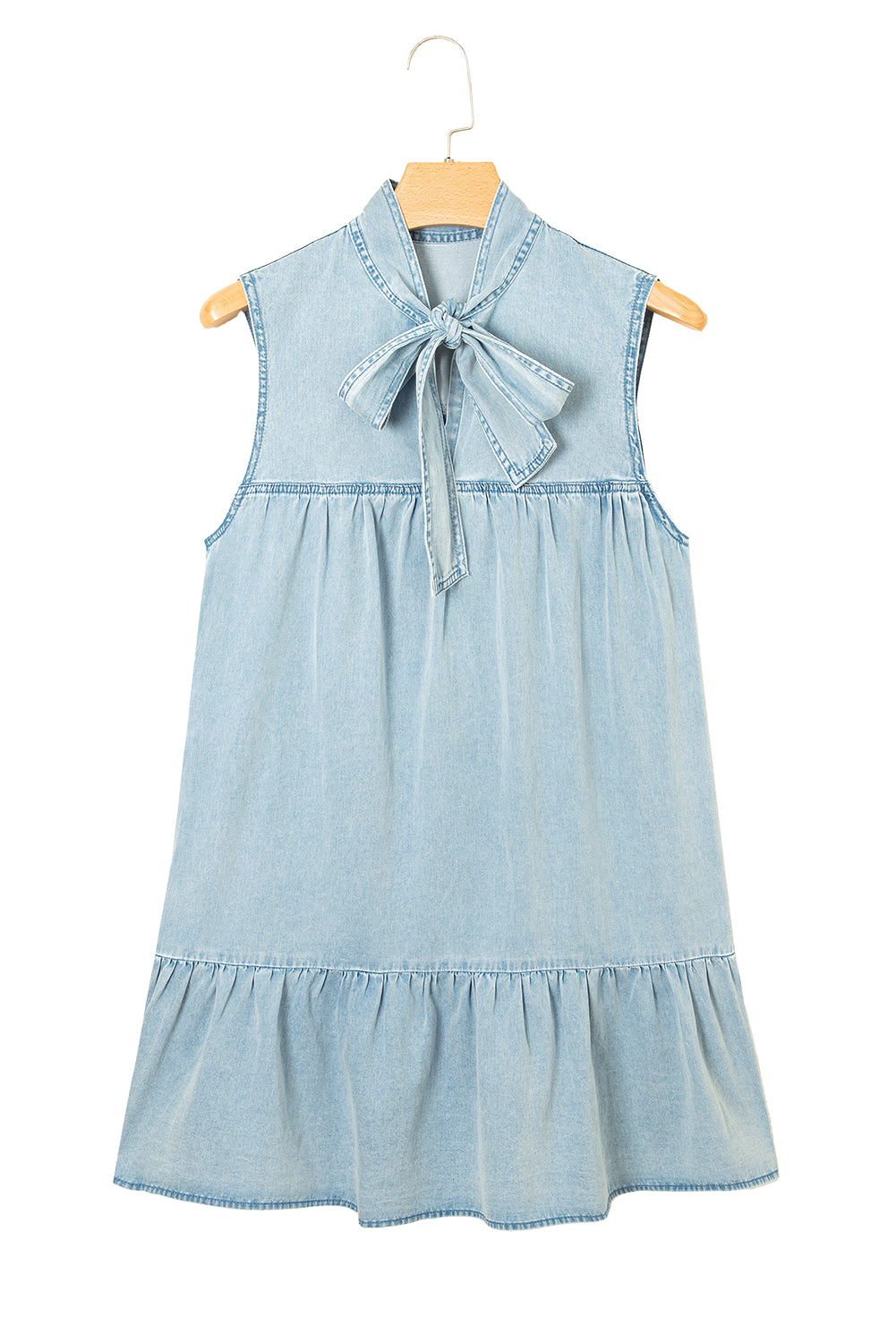 Beau Blue Bowknot Neck Ruffle Sleeveless Mini Dress